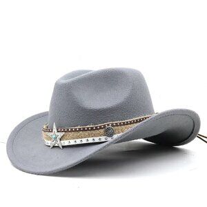Gray Western Cowboy, Cowgirl Hat, Lone Star Strap, Men‎ Women Retro Wide Brim